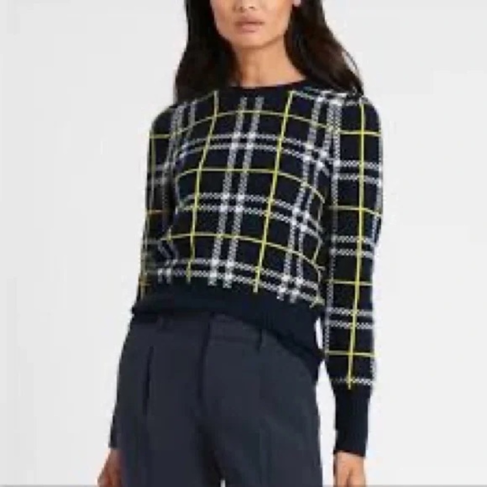 Banana Republic Aire Puff-Sleeve Sweater,‎ Navy & Chartreuse Plaid, XL EUC